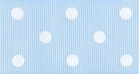 Grosgrain Dot Ribbon - Light Blue. This polyester ribbon features a light blue color with white dots. Measures 1.5in x 3yds.