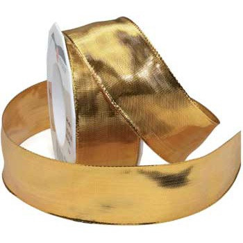Wired Devon Ribbon. This polyester and nylon ribbon features a shimmery gold color with a wire edge for shaping. Available in 1.5in x 4yds.