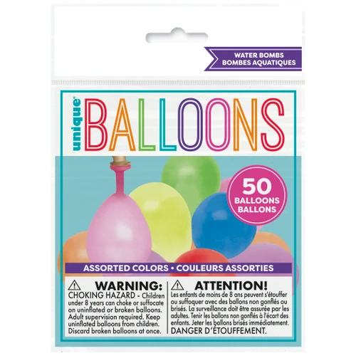 Neon Water Bomb Balloons. These bright latex balloons can be filled up by a water nozzle and tied to create a playful outdoor activity. Package includes 50 count latex balloons.