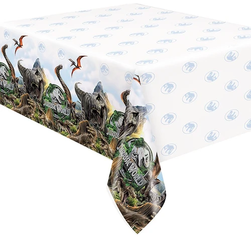 Jurassic World Rebirth Plastic Table Cover. This white plastic cover features a pattern of the circle logo with the T Rex skeleton, with borders decorated with the full logo among multiple dinosaurs from the movie on lush green terrain. Measures 54in x 84in.