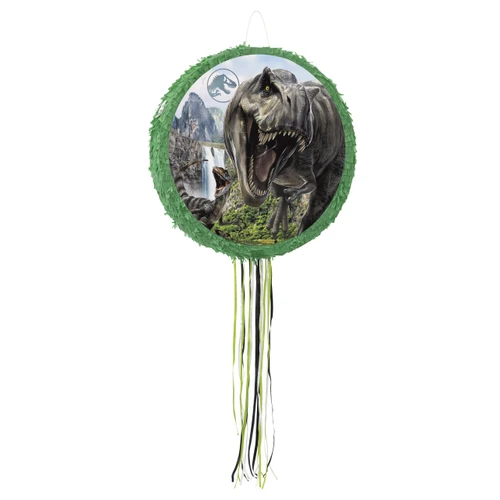 Jurassic World Rebirth Pull String Pinata. This round drum pinata features green fringe around a print of a couple of roaring dinosaurs. It has ribbons to pull for releasing treats and favors. Filler not included. Measures about 20in in diameter x 4in thick.