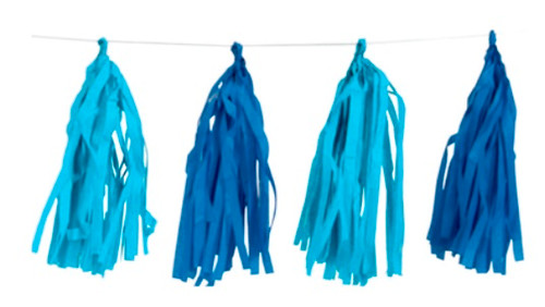 Royal & Light Blue Tissue Tassel Garland. This garland includes tissue paper tassels in light blue and a darker blue. Measures about 9ft.