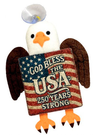 USA 250th Birthday Suction Cup Plush Window Hanger - Eagle with sign "GOD BLESS THE USA." In the shape of an eagle or President Trump, this small plush hanger features a suction cup and a phrase. Desired style not guaranteed. Package includes 1 count hanger. Plush measures about 4.75in x 3.5in.