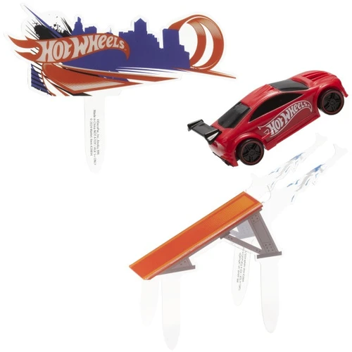 Hot Wheels Supreme Speed Decoset. This set includes a small red plastic Hot Wheels car (measuring 2.8in x 1.25in x .9in) with rolling wheels, so it can double as a birthday favor. It also includes a plastic Hot Wheels logo pic (measuring 4.35in x 0.1in x 3.25in) and an orange ramp with a clear extension (measuring 5.2in x 1.15in x 2.75in) to hold the car, making it appear as if the car is flying off the ramp.
