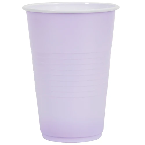 Lavender Plastic Cups. These plastic cups feature a light purple color and a raised grip, and should only be used for cold drinks. Package includes 50 count 16oz cups.