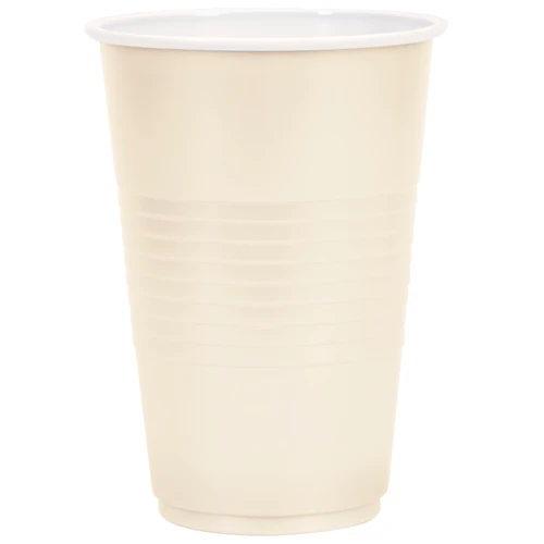 Vanilla Cream Plastic Cups. These plastic cups feature an off white color and a raised grip, and should only be used for cold drinks. Package includes 50 count 16oz cups.