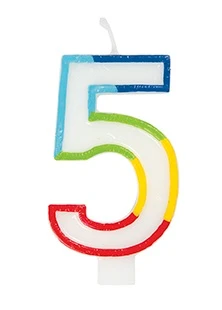 Rainbow Border Numeral Candle - 5. These white molded candles feature a raised border with rainbow segments for a unique look. Numbers measure about 2.75in.