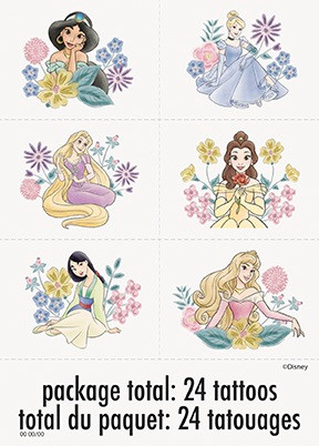 Classic Disney Princess Tattoos. This pack of temporary tattoos includes images of Jasmine, Cinderella, Rapunzel, Belle, Mulan, and Aurora in various poses among colorful flowers. Perfect for princess party favors. Package includes 24 tattoos total measuring about 2in x 1.5in.