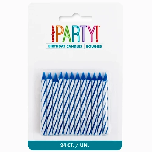 Blue Stripe Spiral Candles. They are classic spiral striped in white and a dark blue color. Package includes 24 count candles measuring about 2.5in.