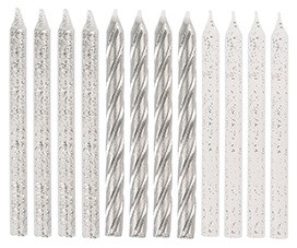 Glitter Silver Spiral Candles. This set includes 8 spiral silver candles with a pearlized finish, as well as 8 smooth candles with a silver glitter finish and 8 smooth white candles with a more sparse silver glitter finish. Package includes 24 count 2.5in candles.