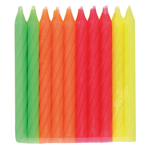 Neon Spiral Candles. This set includes 4 spiral candles each in neon green and yellow, and 6 spiral candles each in neon orange and pink. Package includes 20 count 2.25in candles total.