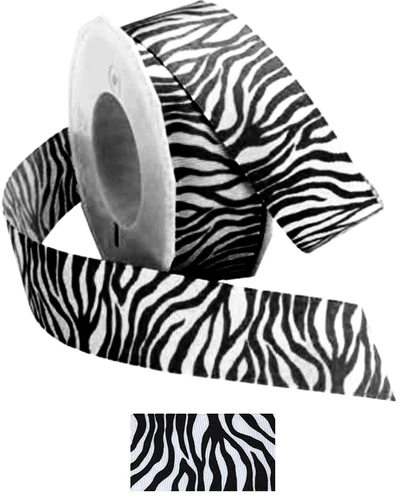 Black & White Zebra Stripes Ribbon. This white polyester ribbon features a printed pattern of black zebra stripes. Measures 7/8in x 4yds.