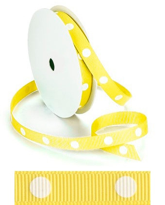 Grosgrain Dot Ribbon - Yellow. This polyester ribbon features a yellow color with a single line of white dots. Measures 3/8in x 5yds.