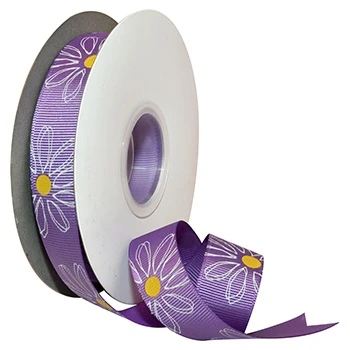 Dancing Daisy Ribbon. This lavender polyester grosgrain ribbon features a pattern of daisies with sketchy white outlines and yellow dot centers. These yellow dot centers have an overlay of iridescent glitter. Measures 7/8in x 3yds.