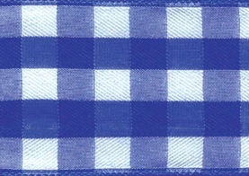 Blue Gingham Ribbon. This polyester ribbon features a gingham pattern of white and royal blue, with blue borders. Measures 5/8in x 5yds.