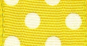 Polka Dot Ribbon - Yellow. This yellow ribbon features a pattern of white polka dots. Wired edges allow for extra shaping. Measures 1in x 4yds.