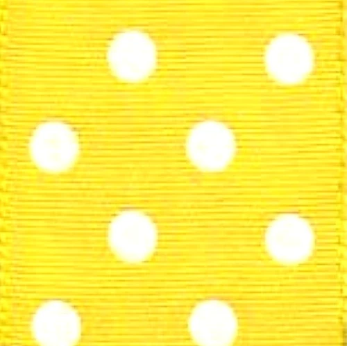 Polka Dot Ribbon - Yellow. This yellow ribbon features a pattern of white polka dots. Wired edges allow for extra shaping. Measures 1.5in x 3yds.