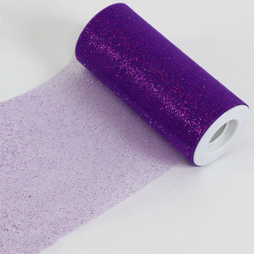 Glitter Purple Tulle. This features classic netted tulle with a vibrant color and glitter. Measures 25yds x 6in.