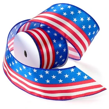 Stars & Stripes Flag Ribbon. This polyester ribbon features red and white stripes beside blue with white stars, like the American flag, with blue borders. A wired edge allows for extra shaping. Measures 2.5in x 3yds.