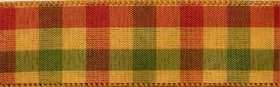 Hayride Plaid Ribbon. This polyester ribbon features a plaid pattern in warm autumn colors such as orange, brown, green, and red, with light brown borders. Wired edges allow for extra shaping. Measures 1.5in x 3yds.