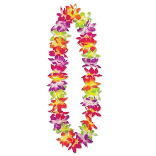 Maui Floral Lei. This lei is made of fabric flowers in bright pink, purple, orange, and green, with fades to white and yellow. Measures 36in.