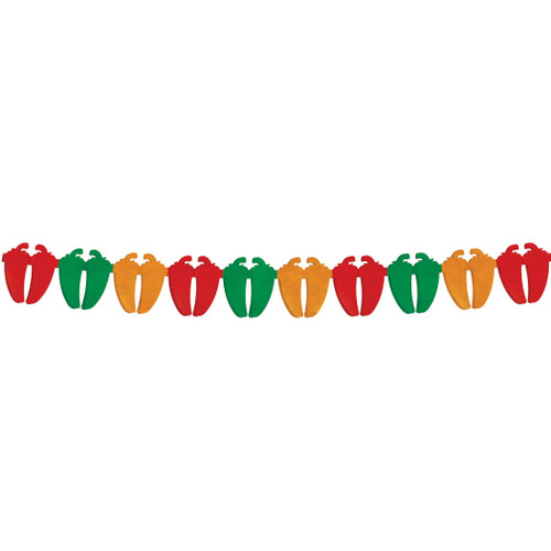 Colorful Chili Pepper Garland. This garland features tissue paper peppers in red, green, and orange. Garland measures 5.5in x 12ft.