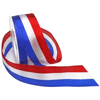 Liberty Ribbon. This polyester ribbon features a red, white, and blue stripe with a slight sheen. A wired edge allows for extra shaping. Measures 1.5in x 3yds.