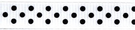 Swiss Dot Grosgrain Ribbon - White with Black Dots. This skinny white polyester ribbon features black dots. Measures 3/8in x 5yds.