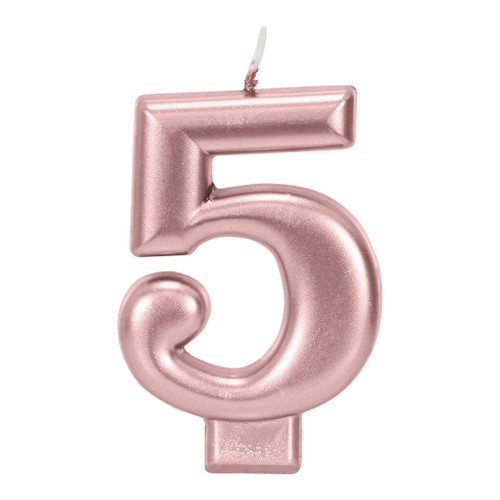 Metallic Rose Gold Number Candle - 5. These molded number candles feature a shimmering rose gold finish. Pair together 2 for double digit ages! Measures 3.25in.