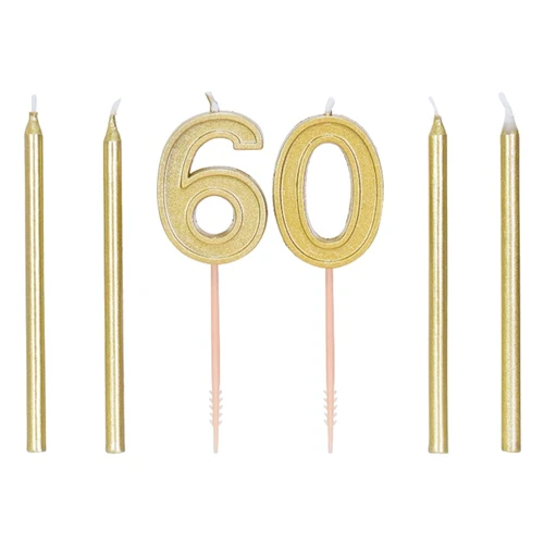 Gold Numbers and Candles Kit - 60. This kit includes gold candle sticks as well as a "6" and "0" candle pick set with raised borders. Package includes 4 count candles measuring 3.75in and number candles measuring about 1.7in, 3.75in with picks.