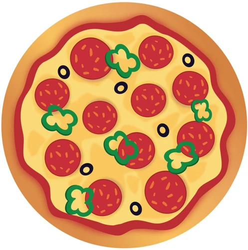 Pizza Dinner Plates. These sturdy round paper plates resemble a classic pizza with a light brown crust, cheese, pepperoni, black olives, and sliced green peppers. Package includes 8 count plates measuring 10in.