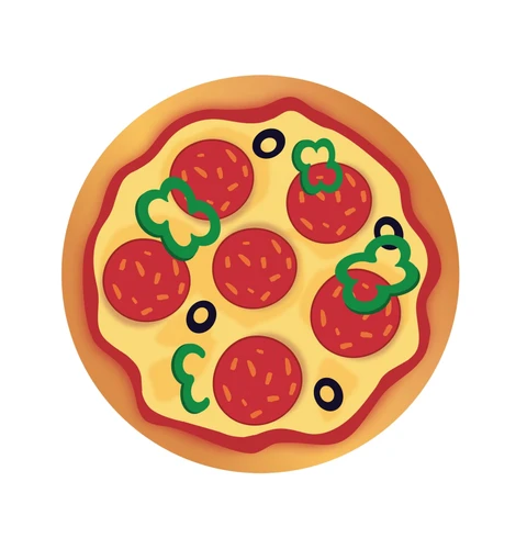 Pizza Dessert Plates. These sturdy round paper plates resemble a classic pizza with a light brown crust, cheese, pepperoni, black olives, and sliced green peppers. Package includes 8 count plates measuring 6.75in.