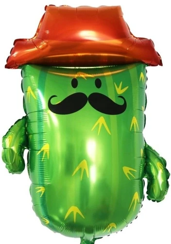 Desert Cactus Balloon. The balloon features the shape of a green cactus with black dot eyes, a black moustache, and wearing a brown hat. Balloon is approximately 32 inches after inflation.