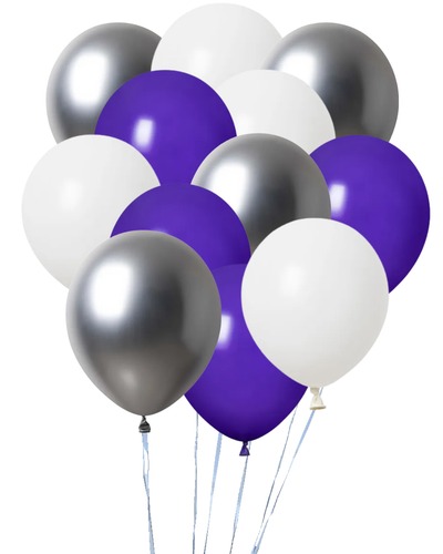 Dozen Balloons Grouped together 4 purple, 4 white, and 4 platinum silver
