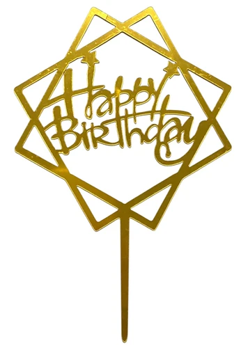Style 1. Small Gold Acrylic Happy Birthday Cake Topper. This metallic gold acrylic cake topper features "Happy Birthday" in two squares, accented by stars. Remove any protective film before use. Underside is silver when blue protective film is removed. Desired style not guaranteed. Measures 6in.