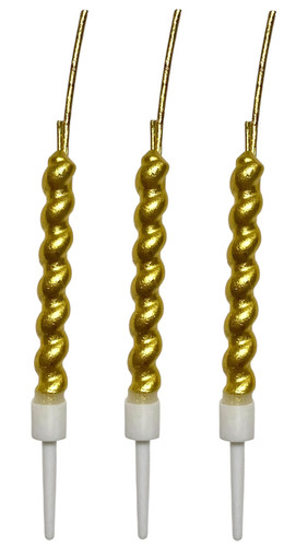 Gold Spiral Sparkleez Candles. These spiral candles with a gold finish start as dazzling sparklers before lighting a classic burning flame. Package includes 3 count candles measuring about 2.5in, not including the wicks or picks.