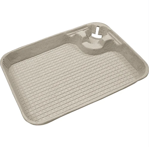 This thick paper crawfish tray features rounded corners, a light beige color, and a cupholder. Package includes 1 count tray measuring 15.25in x 10.75in x 1.75in.