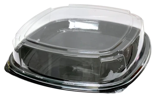 Catering Tray With Lid. This square shaped black plastic tray with rounded corners includes a clear lid, perfect for transporting a variety of cold foods. These trays are disposable for easy clean up! Measures 16in, with 3.5in tall lid.