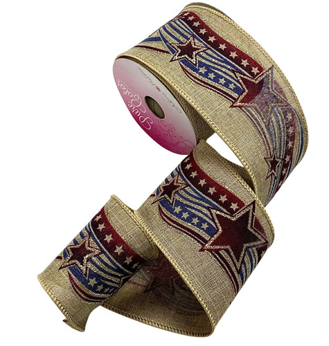 Freedom Ribbon. This burlap color polyester ribbon features a pattern of red stars over red and blue waving stripes, accented with lines of silver and gold glitter. A wired edge allows for extra shaping. Measures 2.5in x 4yds.