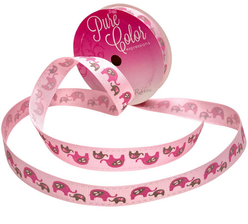 Lil Elephants Ribbon - Pink. This light pink polyester grosgrain ribbon features a printed pattern of big elephants paired with baby elephants in a grey and darker pink color scheme, with white stiches along the edges. Measures 5/8in x 3yds.