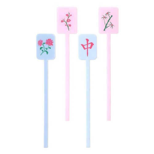 Mahjong Acrylic Stir Sticks. These pink and blue plastic stirrers have handles that look like floral Mahjong tiles. Package includes 4 count stirrers measuring 7in x 1.25in.