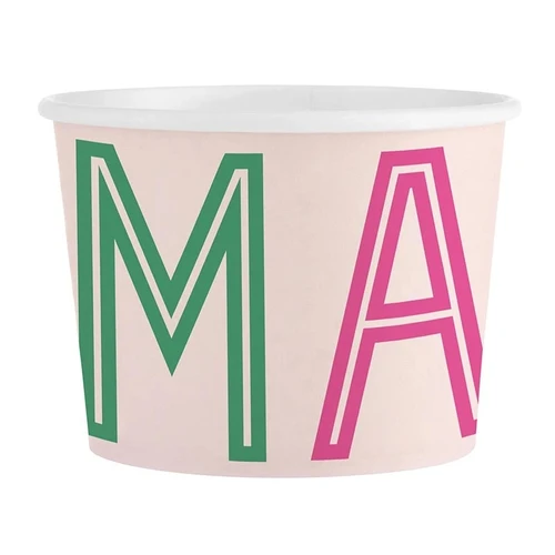 Paper Mahjong Treat Cups. These small off white paper cups have "MAHJ" in multicolor letters wrapping around the sides. Great for snacks or desserts! Package includes 16 count cups measuring 9oz, about 2.75in tall, 3.5in in diameter.