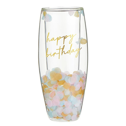 Happy Birthday Double Wall Champagne Glass. This acrylic stemless wine glass features a double wall filled with pink, blue, white, and gold tissue paper circle confetti and "happy birthday" in shimmery gold script. Holds up to 8oz, measures 6.4in tall.
