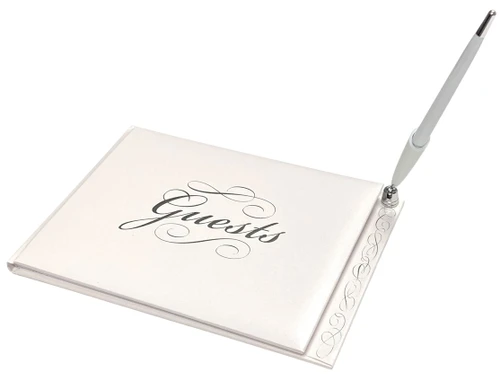 White with Silver Guest Book and Pen. This white guest book with "Guests" in fancy shimmery silver script on the cover features space for over 500 entries and an attached silver electroplated pen. Book measures about 9in (9.7in with pen) x 6.75in.