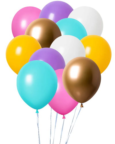 Dozen Balloons Grouped together 2 yellow, 2 white, 2 tiffany blue, 2 lavender, 2 berry pink, and 2 platinum gold balloons.