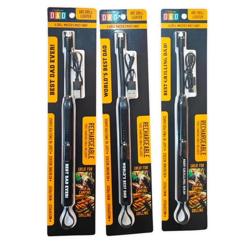 Father's Day Arc Grill Lighter. This rechargeable black grill lighter is wind proof, has a flexible neck, and lights up to 40 times per charge. Along the handle in white text is a message such as "World's Best Dad." Charge cable included. Desired message not guaranteed. Package includes 1 count lighter.