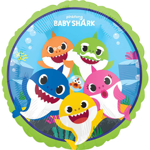 Baby Shark Family Balloon. This blue circular balloon with a green trim features a group with Mommy, Daddy, Baby, Grandpa, and Grandma shark. Balloon is approximately 17 inches after inflation.