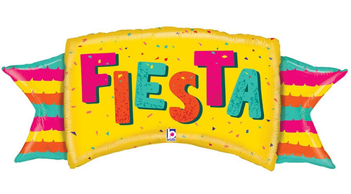Fiesta Banner Balloon. Shaped like a yellow banner with colorful ribbon ends and "FIESTA" in multicolor letters. This balloon inflates to approximately 46 inches.