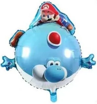Mario & Blue Yoshi Balloon. This shaped balloon features Mario on an inflated Blue Yoshi. Balloon is approximately 23 inches after inflation.