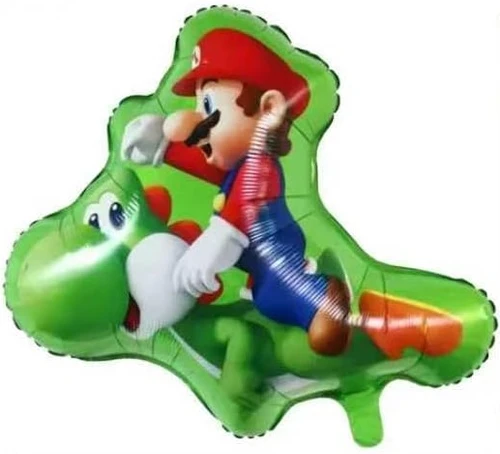 Mario & Green Yoshi Balloon. This shaped balloon features Mario on a Green Yoshi. Balloon is approximately 24 inches after inflation.